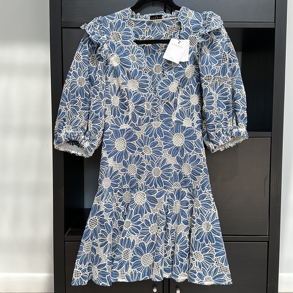 NEW Sandro Applique Detail V Neck Floral Lace Blue Mini Dress - Picture 6 of 8